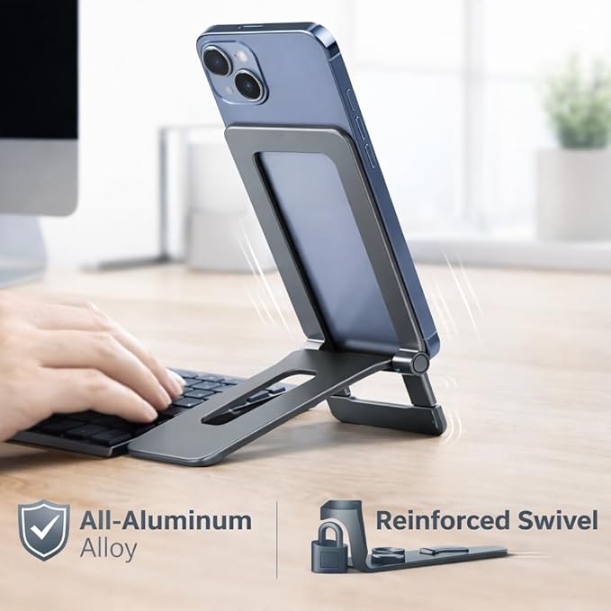 Mizi Aluminium Phone Stand for Desk, Foldable Adjustable Cell Phone Holder, Portable Travel & Office Accessory Compatible with iPhone 17 16 15 14 13 Pro Max, Samsung S25 S24 S23 Ultra, Kindle – Grey
