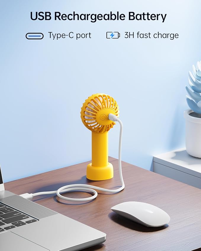 SWEETFULL Mini Portable Fan - Rechargeable Handheld Fan, 3 Speeds Personal Small Hand Gifts for Travel Essentials, Lash, Makeup, Eyelash, Kids, Girls, Women - USB, Cute Design Yellow