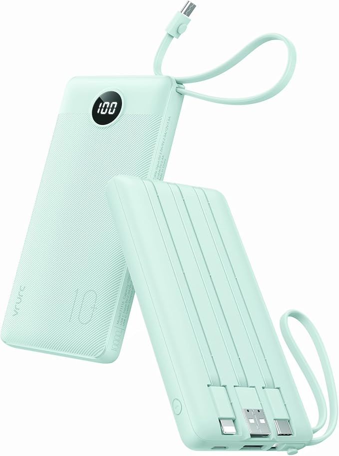 VRURC Portable Charger for iPhone, Compact Travel Power Bank 10000mAh, USB C Battery Pack 4 Outputs 3 Inputs, Slim Phone Charger with Cables for iPhone 17 16 15 14 13,Samsung Galaxy-Green(1 Pack)