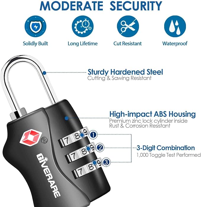 2 Pack TSA Approved Travel Luggage Locks, Combination Lock Keyless, 3-Digit Padlocks, Travel Sentry Accepted Compatible Padlock for Gym Locker, Golf Bag Case, Backpack, Black-by GIVERARE