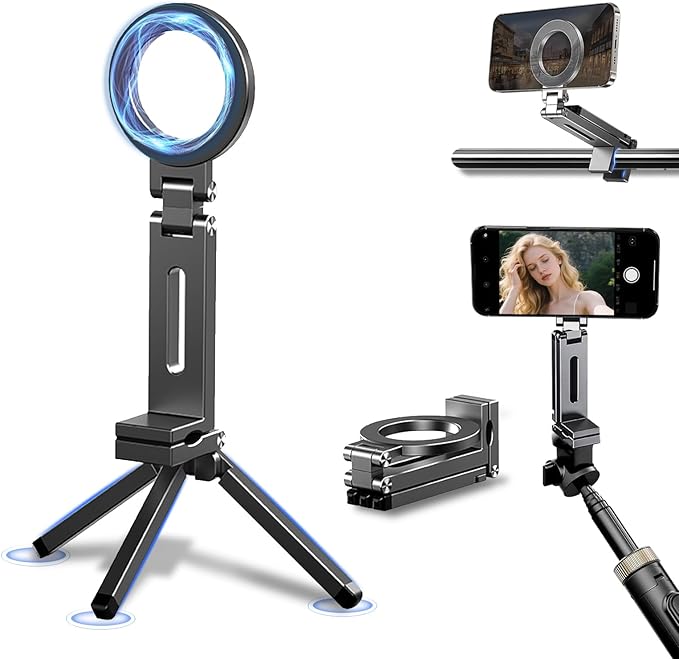 Aluminum Magnetic Tripod for iPhone 17/16/15/14 Pro Max Air, 360° Adjustable for MagSafe Tripod Mount Stand, Content Creator Phone Holder Airplane Travel Essentials Accessories