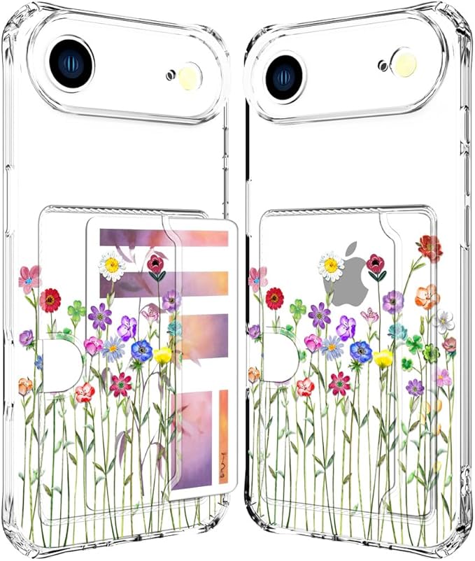 Compatible with iPhone 17 Air Case Card Holder for Women Cute Design,Wallet Phone Cases Transparent Cool Kawaii Protective (Clear Flower Floral Bouquet)