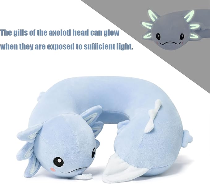 Niuniu Daddy Blue Axolotl Kids Travel Pillow Road Trip Essentials for 3-8 Y/O, Soft Memory Foam Kids Neck Pillow for Airplane Car Travel Portable Cervical Pillow with Boys Girls for Long Trip