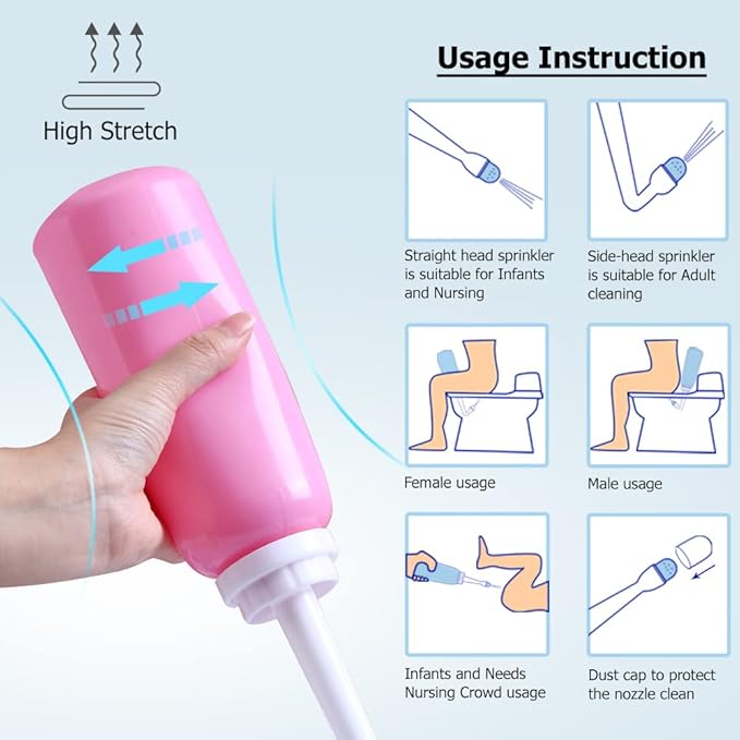 Peri Bottle - Postpartum and Perineal Care - 2 in 1 Portable Bidet - Portable Travel Bidet Sprayer for Women or Men- Handheld Jet Spray Bottle for Toilet (350ML, Pink)