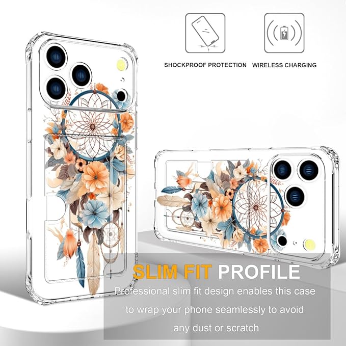 Compatible with iPhone 17 Pro Max Case Card Holder for Women Cute Design,Wallet Phone Cases Transparent Cool Kawaii Protective (Clear Dreamcatcher Dream Cather)