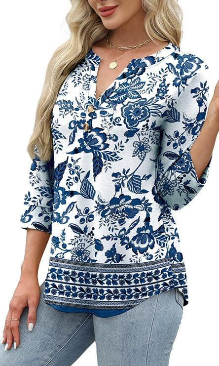 OFEEFAN Womens Tops 3/4 Sleeve Henley Shirts for Women Summer Outfits Fashion Clothing