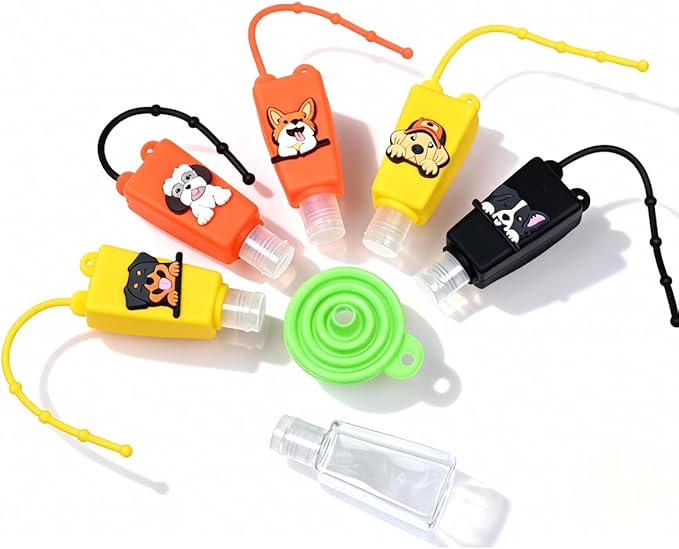 5-Pack Cartoon Kids Hand Sanitizer Holder, 30ml Travel Size Refillable Bottles with Silicone Case, Leak-Proof Portable Containers for Lotion & Liquid Soap (Puppy Pal)