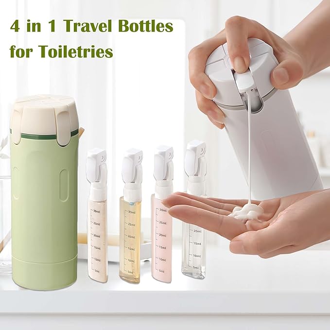 4 in 1 Travel Bottles for Toiletries - Refillable, Leak Proof, Portable Containers for Shampoo Lotion Conditioner Cream - Transparent with Scale and Label - for Business Trips Gym Camping (Green)