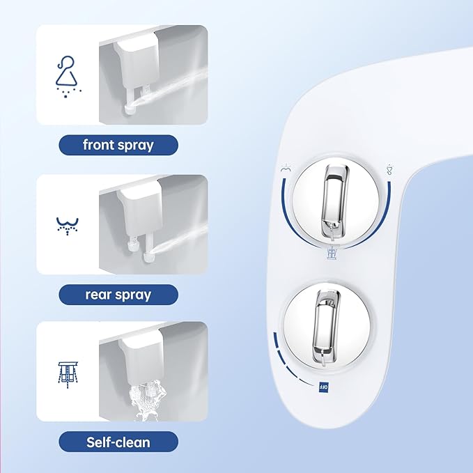 Toilet Bidet Attachment, Non-Electric Dual Nozzle (Feminine/Bidet Wash), Self-Cleaning Fresh Cold Water Sprayer Bidets for Toilets with Adjustable Water Pressure (Dual Knob, Chrome)