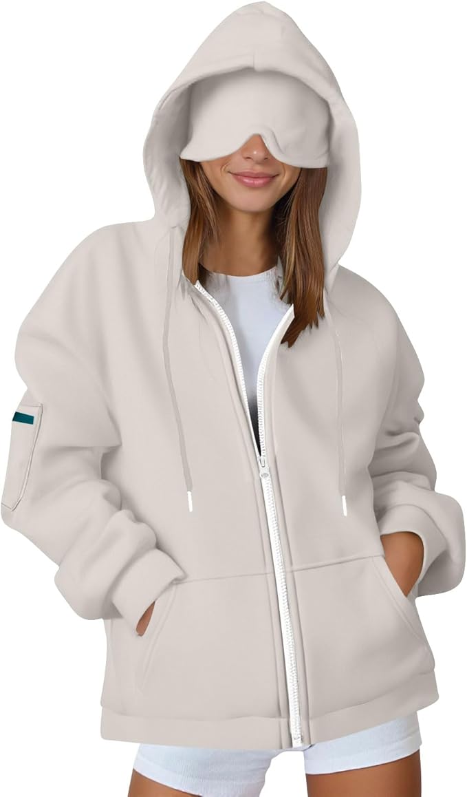 Zip Up Hoodie with Eye Mask Built In, Comfort Airplane Wearable Blanket Sweatshirt Men Women Sleep Clothes