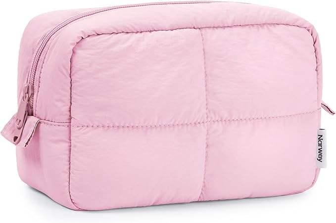 Narwey Pink Makeup Bag for Travel Women Girl, Quilted Cosmetic Bag Make up Organizer Bags with Compartments, Puffy Travel Toiletry Bag Toiletries (Pink)
