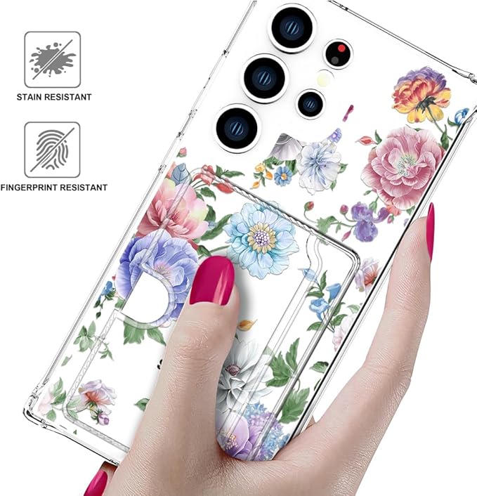 Compatible with Samsung Galaxy S24 Ultra Case Card Holder for Women Cute Design,Wallet Phone Cases Transparent Cool Kawaii Protective (Clear Amazing Lovely Flowers)