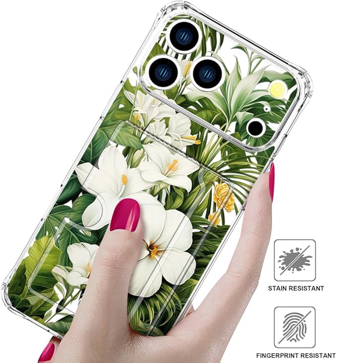Compatible with iPhone 17 Pro Case Card Holder for Women Cute Design,Wallet Phone Cases Transparent Cool Kawaii Protective (Clear Green Flowers Tropical Jungle)