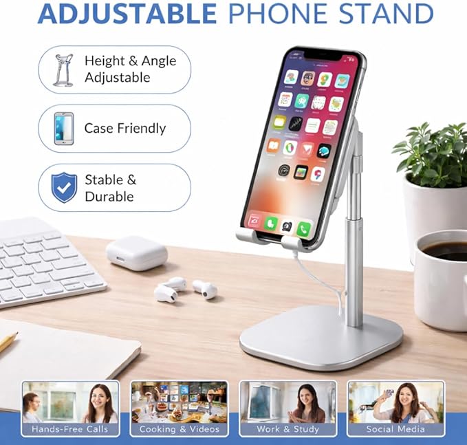 Mizi Cell Phone Stand - Adjustable Angle & Height Desk Phone Holder Dock Compatible with iPhone 17/16/15 Pro Max, Samsung Galaxy, iPad, Switch & All Smartphones (3.5–10 Inch) - White