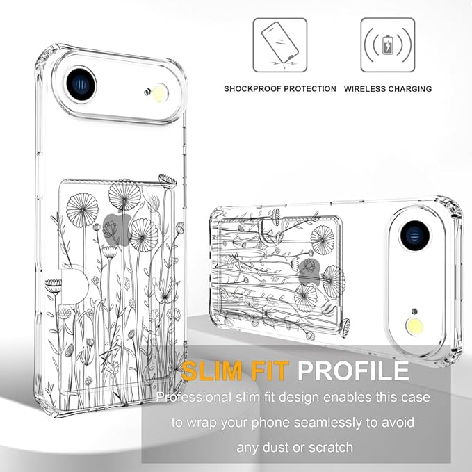 Compatible with iPhone 17 Air Case Card Holder for Women Cute Design,Wallet Phone Cases Transparent Cool Kawaii Protective (Clear Black Flower Bouquet)
