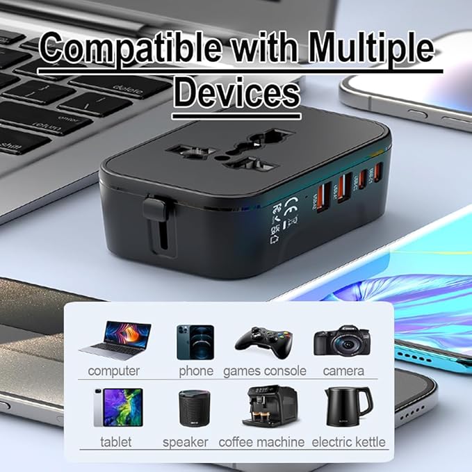 Universal Plug Adapter for Worldwide Travel, PD20W International Charge Adapter with 2 USB-C ＆ A Ports, All in One Outlet International Adapter, for USA, UK, EU, AU ＆ 224+ Countries (Black)