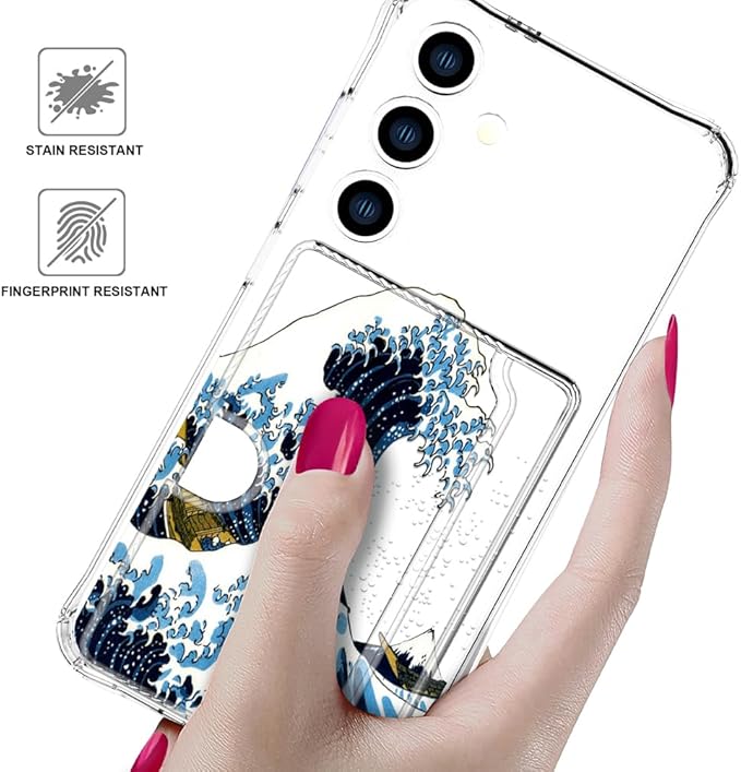 Compatible with Samsung Galaxy S24 / S25 Case Card Holder for Women Cute Design,Wallet Phone Cases Transparent Cool Kawaii Protective (Clear Blue Wave)