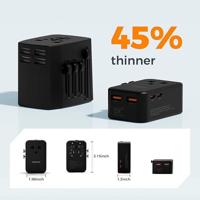 TESSAN International Power Adapter PD 25W, Ultra Thin Universal Travel Adapter, Worldwide Outlet Plug with 2 USB A 2 USB C for US to European UK Australia Ireland (Type C G A I) Black