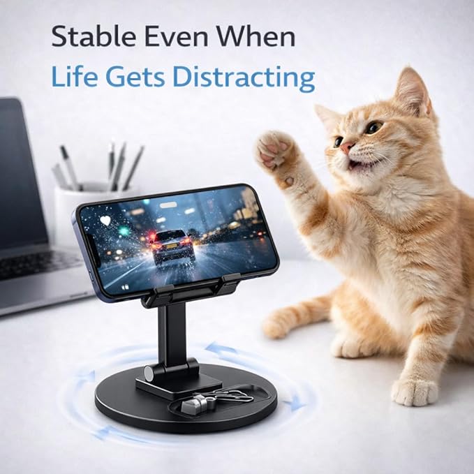 Mizi Portable Cell Phone Stand for Desk - Height & Angle Adjustable Mobile Foldable Holder, Compatible with iPhone 17 16 15 14 13 12 11 Pro Max, Galaxy S25 S24, All 4–10" Devices - Black