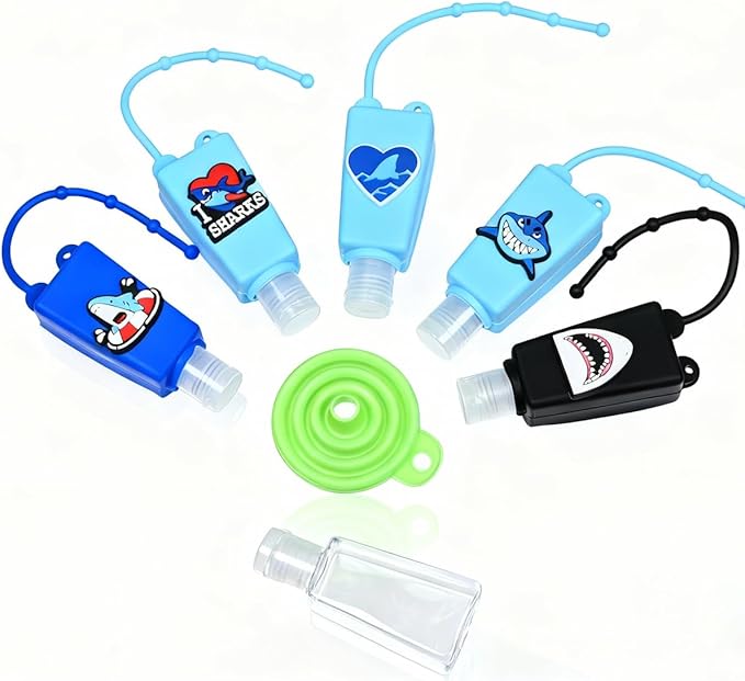5-Pack Cartoon Kids Hand Sanitizer Holder, 30ml Travel Size Refillable Bottles with Silicone Case, Leak-Proof Portable Containers for Lotion & Liquid Soap (Sharky Splash)