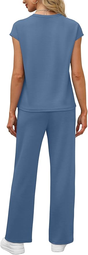 WIHOLL 2 Piece Sets for Women Casual Summer Travel Vacation Outfits Cap Sleeve Lounge Set