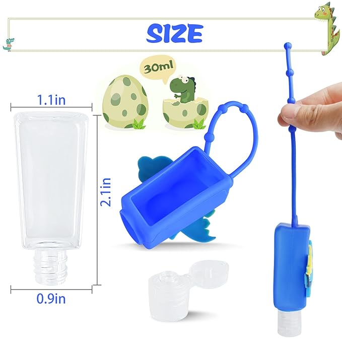 Refillable Travel Bottles Containers, 4 Pack Hand Sanitizer Travel Size Holder with Empty Silicone Bottles Case Keychain Carrier, Leak Proof Portable Bottle for Liquid Soap, Lotion (Dinosaur)