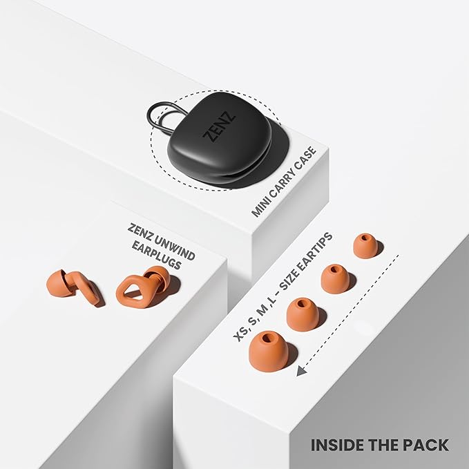 Zenz Unwind Ear Plugs for Sleeping Noise Reduction – Soft Silicone Reusable Earplugs for Sleep, Focus & Work – 28dB Noise Reduction with Storage Case – XS/S/M/L Eartips (Blaze Orange, One Size)