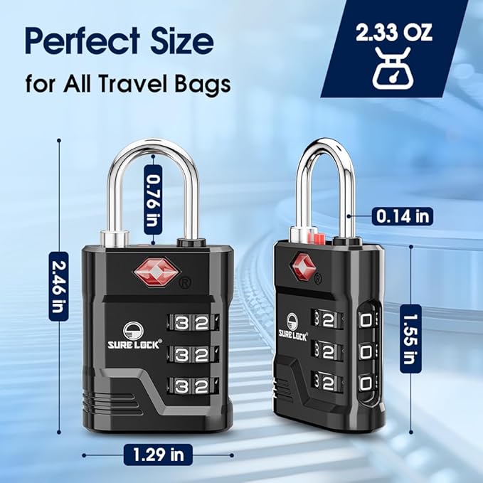 SURE LOCK TSA Approved Luggage Lock – 3-Digit Resettable Combination Padlock with Open Alert Red Dot, Large Easy-Read Dials for Suitcases, Backpacks, Gym & School Lockers (Black 2 pk)