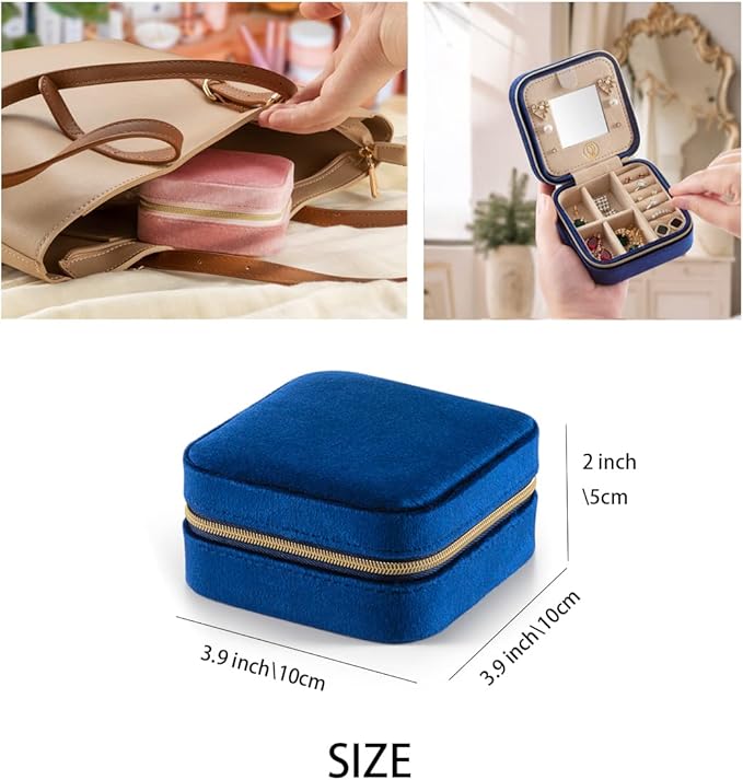 ZPROW Plush Velvet Travel Jewelry Case, Travel Jewelry Organizer, Jewelry Travel Case, Travel Jewelry Box, Small Jewelry Case for Women, Jewelry Travel Box, Earring Organizer with Mirror - Navy Blue