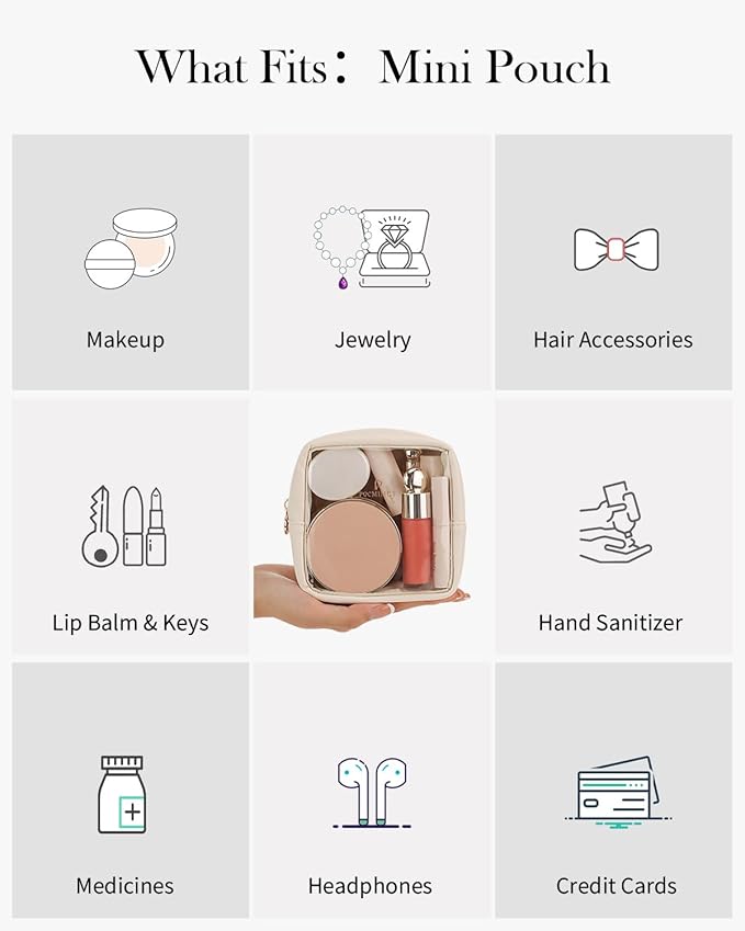 Pocmimut Clear Makeup Bag,Easy to Find Mini Makeup Bag for Purse,Travel Makeup Bag for Car, Compact Cosmetic Pouch for Daily Essentials,Beige