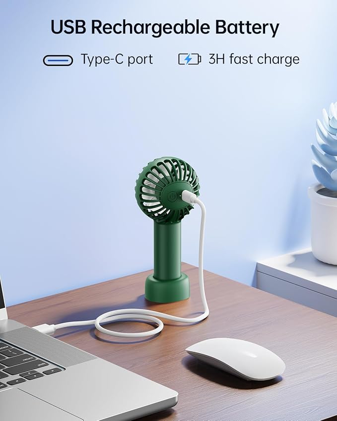 SWEETFULL Mini Portable Fan - Rechargeable Handheld Fan, 3 Speeds Personal Small Hand Gifts for Travel Essentials, Lash, Makeup, Eyelash, Kids, Girls, Women - USB, Cute Design Dark Green
