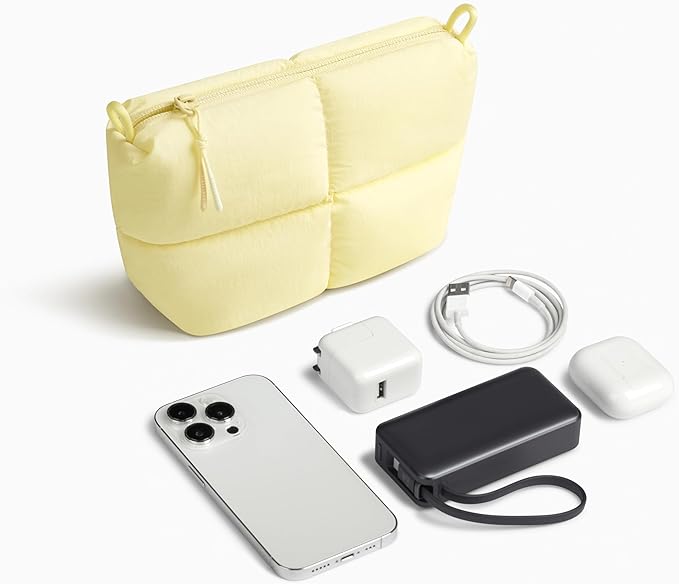 Comfyable Puffy Electronics Organizer Travel Case, Cute Tech Pouch for Women Men, Cable Storage Bag for Charger, Phone, Power Bank, Cord, Compact Tech Accessories Pouch, Butter Yellow