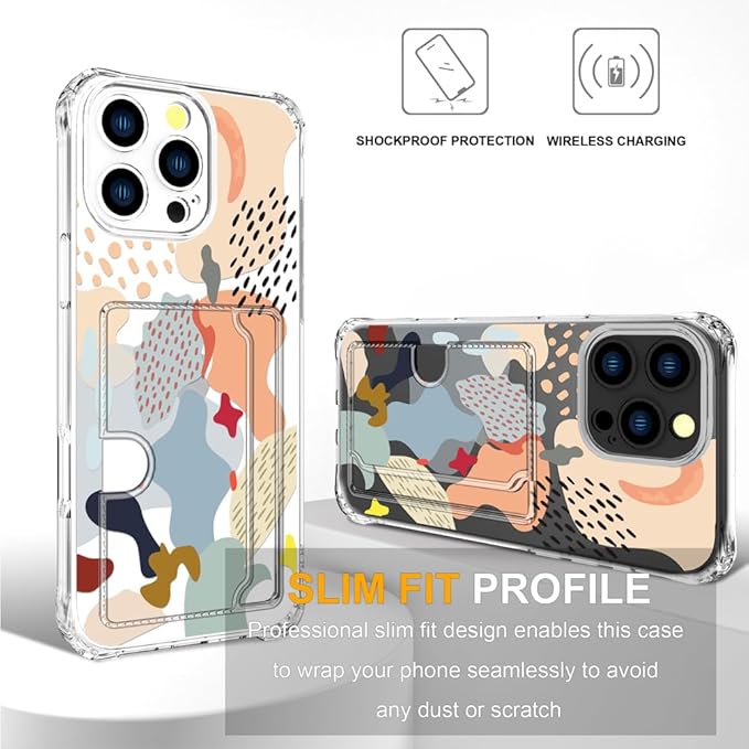 Compatible with iPhone 16 Pro Case Card Holder for Women Cute Design,Wallet Phone Cases Transparent Cool Kawaii Protective (Clear Abstract Art)