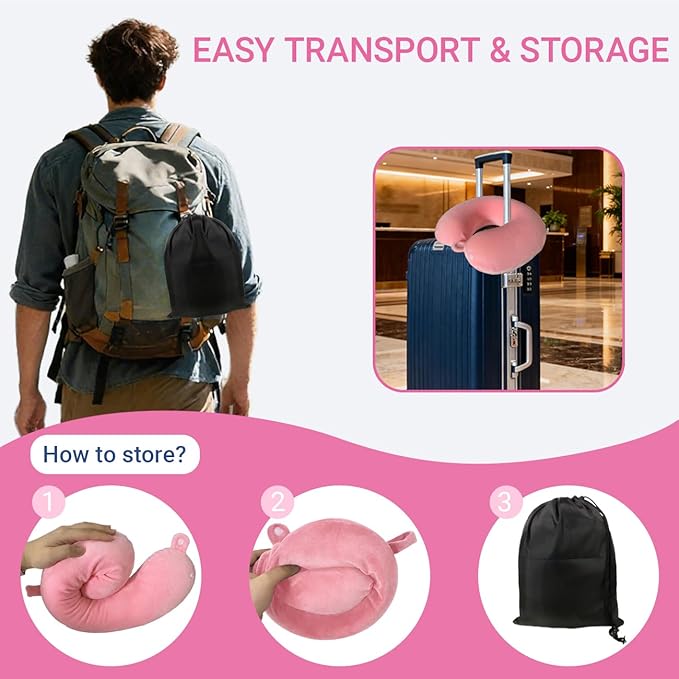 Travel Pillow with Removable Large Hood, Memory Foam Neck Pillow for Airplane, Car, Train Travel Sleeping & Rest, with Soft Cover (Pink)