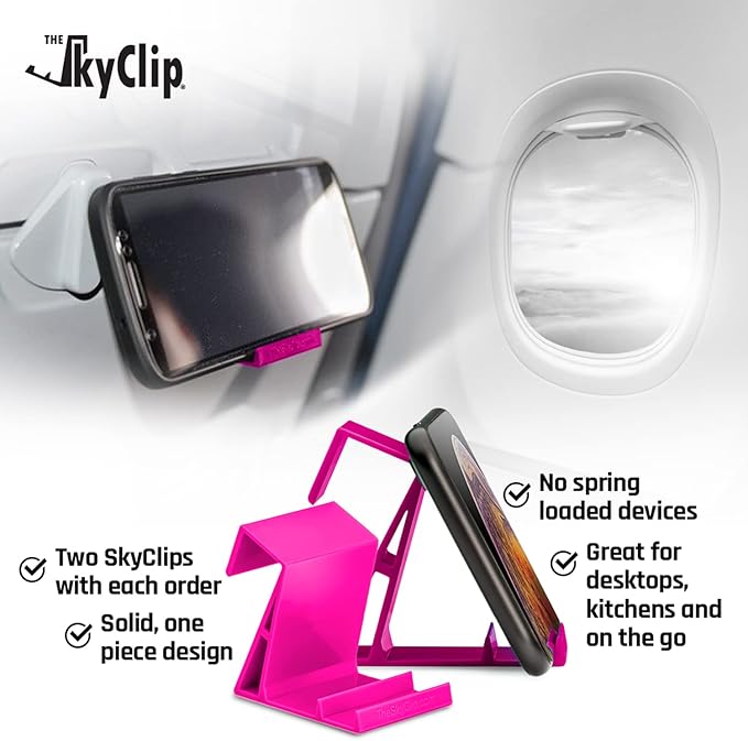 The SkyClip Airplane Cell Phone Back of Seat Inflight Tray Table Clip and Sturdy Phone Stand, Compatible with iPhone, Android, Tablets, and Readers, Travel Must Have (Pink 2 Pack)