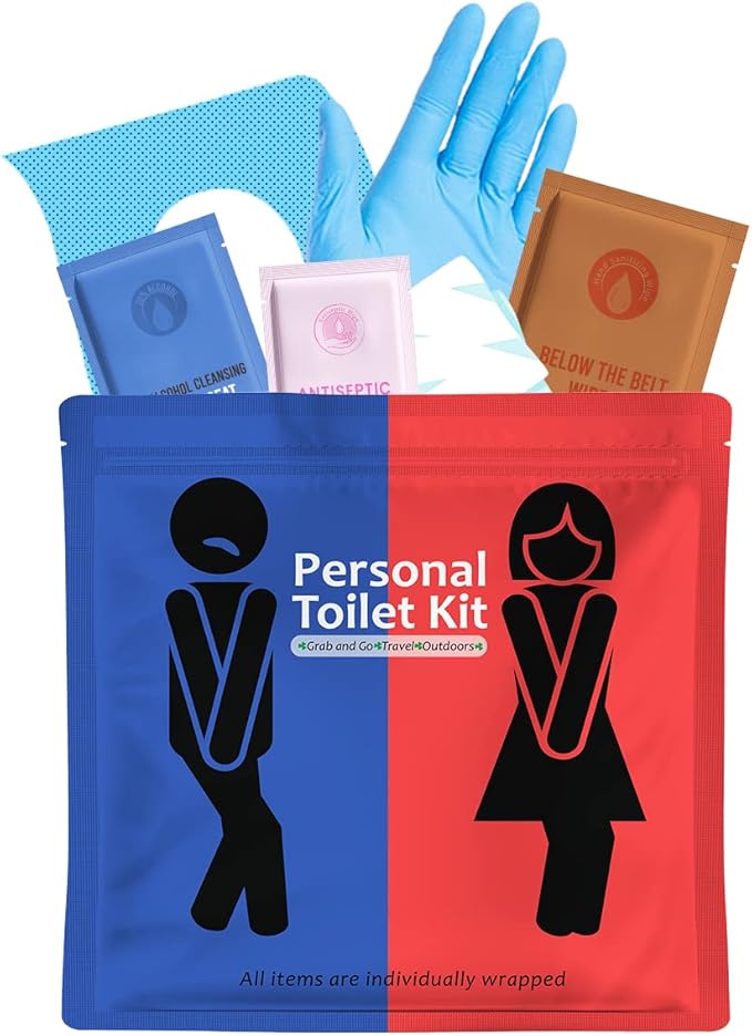 Public Restroom Kit: Pack of On-The-Go Bathroom Kits with Toilet Paper for Travel - Public Toilet Survival Kit Including Gloves, Wipes, Seat Covers in Zip Top Bag