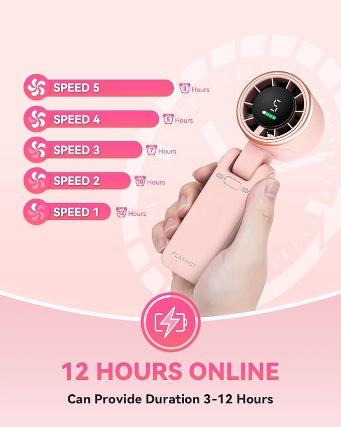 PlayHot Portable Handheld Turbo Fan, 5-Speed Personal Fans, 5000mAh Rechargeable Fans Up to 12 Hours, Weight only 0.6lb Small Fan, Hand/Neck/Desk Fan 3 IN 1, Beach Vacation Essentials(Pink)