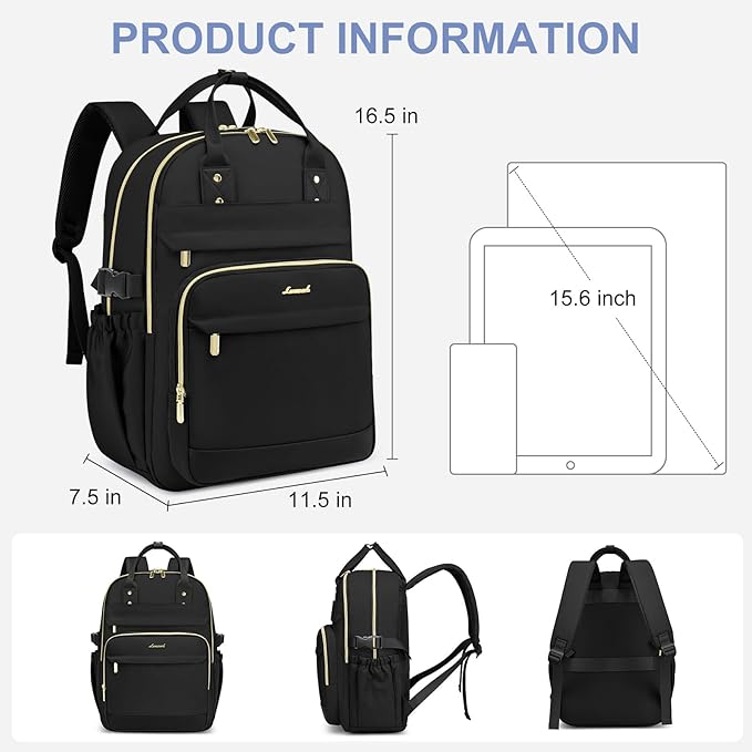 Women Laptop Backpack College Bookbag: 15.6 inch Backpacks with Pouch Pocket for Large Capacity Cup Travel Waterproof Book Bag Anti-theft Casual Work Bookbags for Teacher Nurse Black