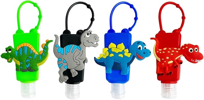 4Pcs Cartoon Kids Empty Travel Bottles Hand Sanitizer Holder with Silicone Case Keychain Carrier, Leak Proof Refillable Portable Travel Containers for Liquid Soap, Lotion (Dinosaur)