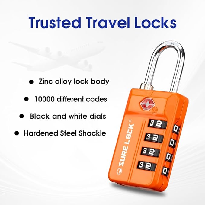 SURE LOCK TSA Approved 4-Digit Resettable Combination Luggage Locks with Open Alert, Easy-Read Dials - for Luggage, School Lockers, Gym, Office, Toolbox & Security Cases (Orange 2 Pack)