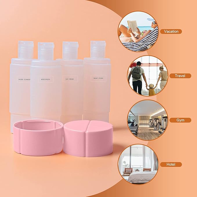 Olatay Travel Bottle, TSA approved 4-in-1 Leak-Proof Bottle, 4 * 60ml/2oz, with 2 Pre-printed Labels for Travel Gym Camping, Carry-On Travel Size Toiletries Shampoo Lotion Bottle for Women Men(Pink）