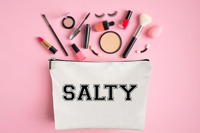 Funny Makeup Bag for Women - "SALTY" Sassy Cosmetic Pouch - Preppy Varsity Letter Style Travel Toiletry Organizer - Cute Beige Canvas Zipper Clutch for Beach Vacation, College Dorm & Best Friend Gift