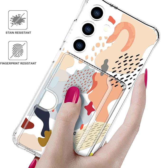 Compatible with Samsung Galaxy S24+ Plus / S25+ Plus Case Card Holder for Women Cute Design,Wallet Phone Cases Transparent Cool Kawaii Protective (Clear Abstract Art)