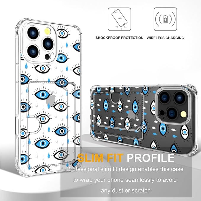Compatible with iPhone 16 Pro Case Card Holder for Women Cute Design,Wallet Phone Cases Transparent Cool Kawaii Protective (Clear Blue Evil Eyes)