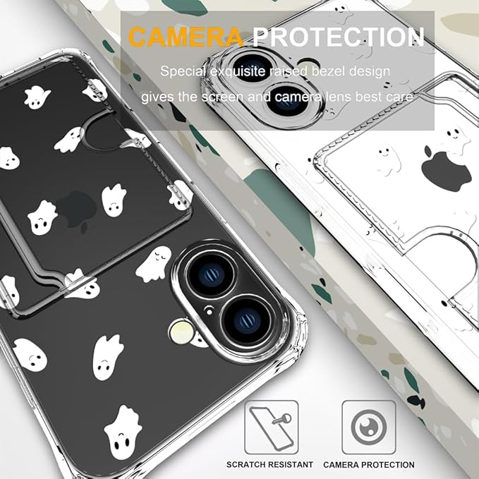 Compatible with iPhone 16 Plus Case Card Holder for Women Cute Design,Wallet Phone Cases Transparent Cool Kawaii Protective (Clear Ghosts Halloween Hallowmas)