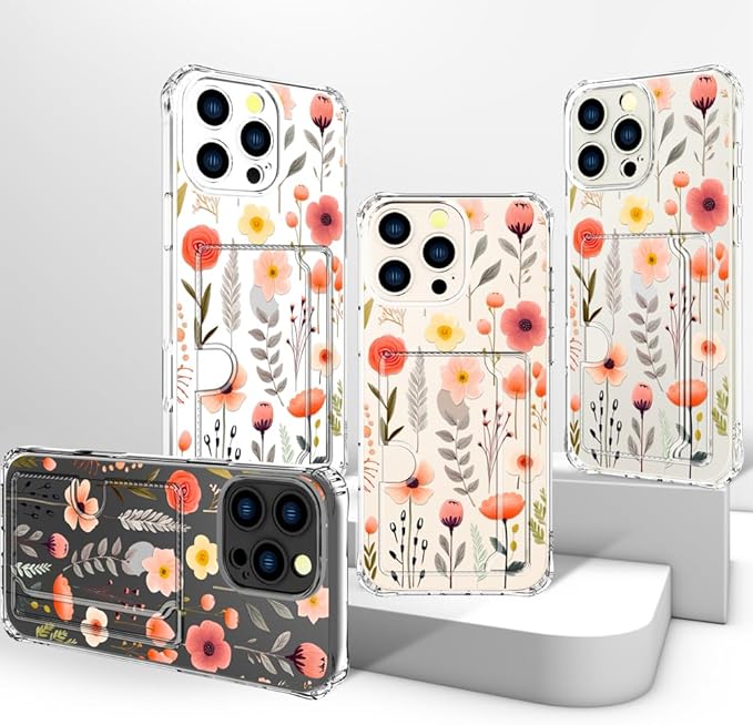 Compatible with iPhone 16 Pro Case Card Holder for Women Cute Design,Wallet Phone Cases Transparent Cool Kawaii Protective (Clear Flowers Leaves)
