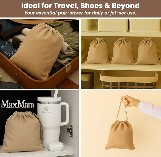 LFH Cotton Rich Shoe Storage Bags with Drawstring, Dustproof Breathable Reusable Organizer, Perfect For Travel, Dorm, Hotel, College, Gym, Easy to Carry, Machine Washable 12"x17" (Pack of 4) - Beige