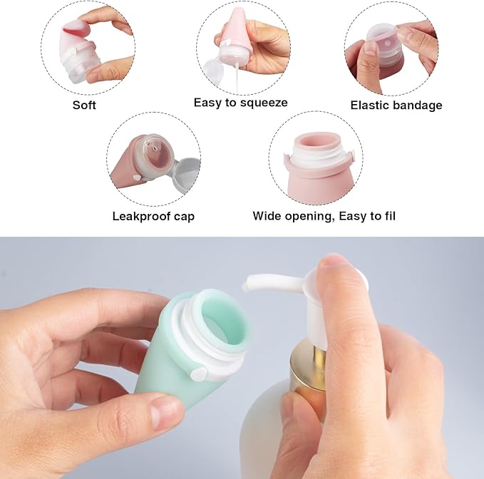 1oz Travel Bottles for Toiletries, Silicone Leak-Proof TSA Approved Travel Size Containers (4-Pack) - Reusable Refillable Bottles for Shampoo, Body Wash, Lotion (White Pink)