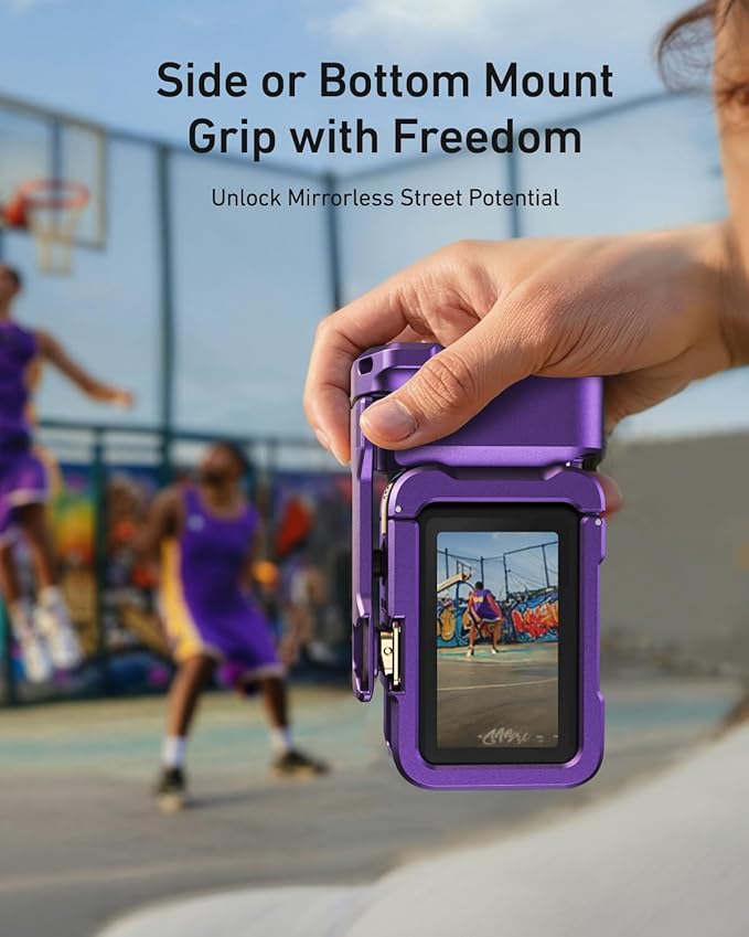 TELESIN Metal Aluminum Alloy Street Grip Kit for DJI Action 6 with Metal Cage Camera Grip Holder with Seesaw Shutter Button Aluminum Alloy Shell Backup TF Card Slot (Iridescent Purple-Gold)
