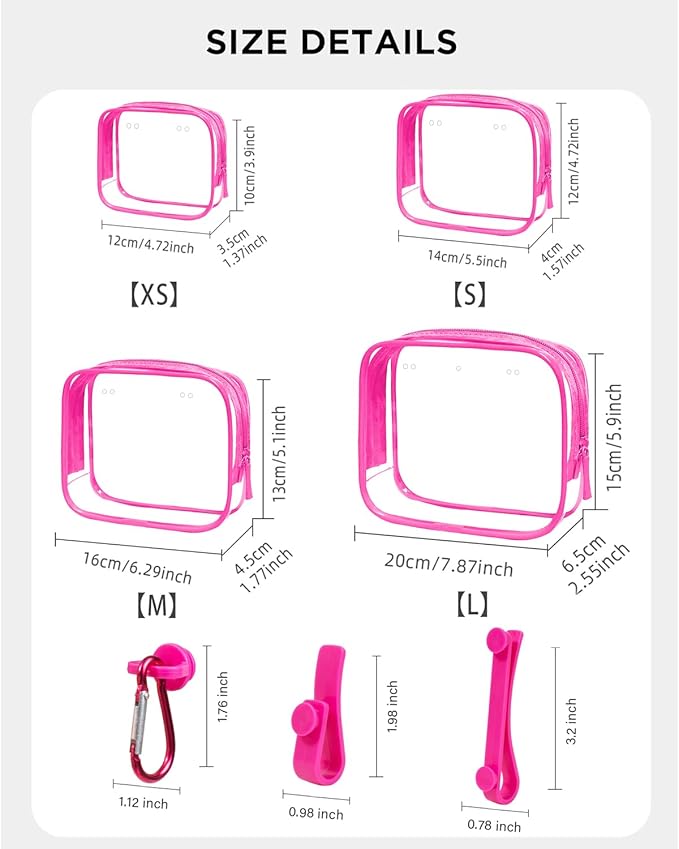 4 Pack Clear Toiletry Bags, Portable Travel Makeup Pouch with Zipper, TSA Approved Organizer, Clear Pouch Bags Compatible With Bogg Bag Divider Accessories(Hot Pink)